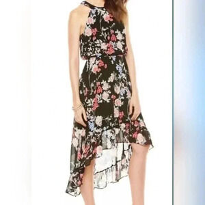 Elle | Floral Chiffon High-Low Maxi Dress in Black Floral Size Large